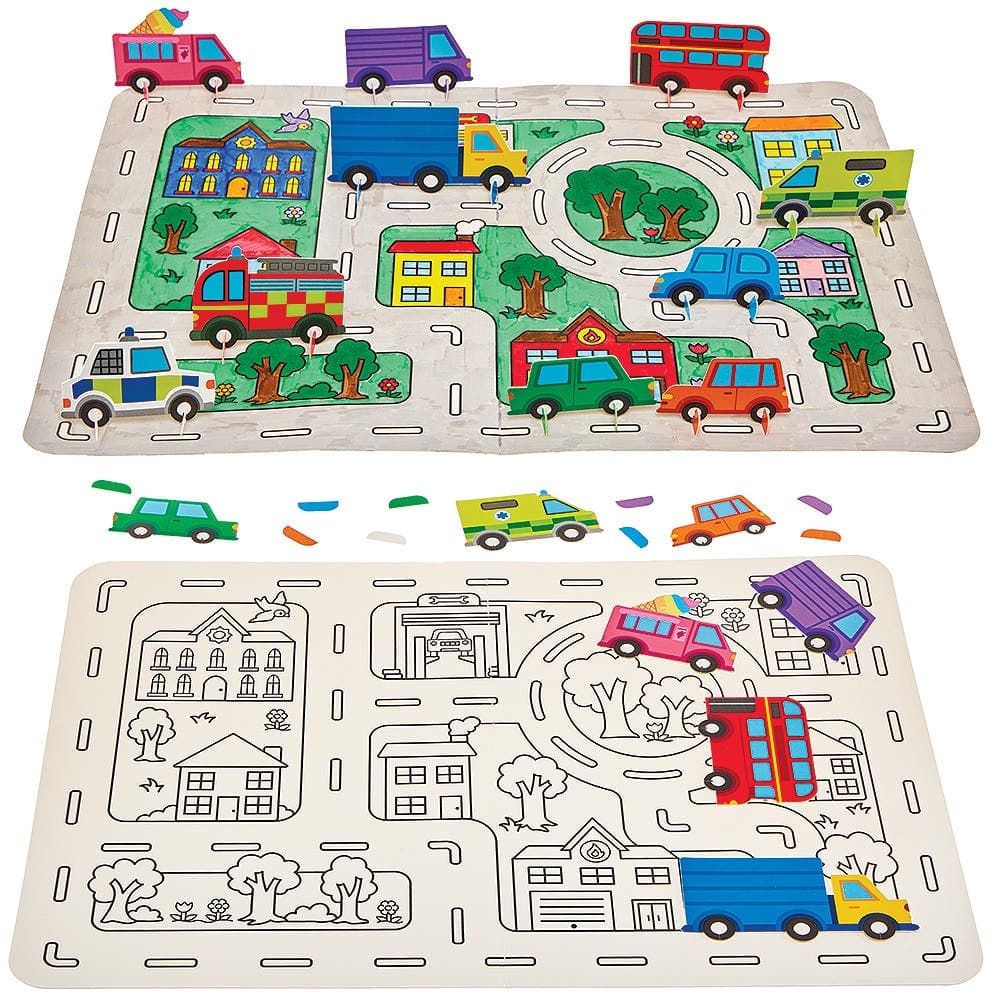 Colour-in City Car Playmat Sets (Pack of 3) 1 A3 Size Map & 10 Vehicle Designs, Imaginative Play