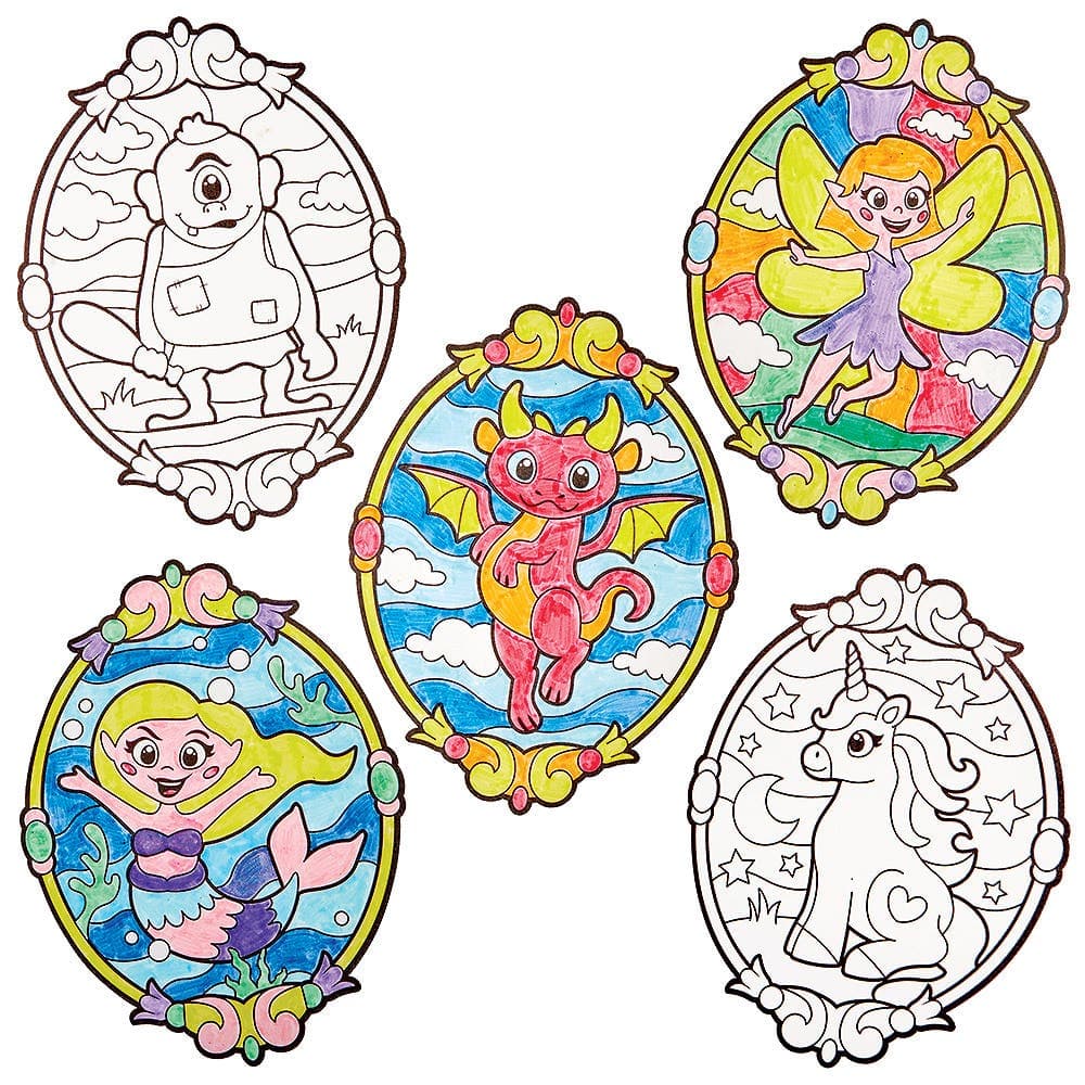 Mythical Creatures Colour-in Window Decorations (Pack of 16) 8 Assorted Designs, Translucent Paper, 19cm x 15cm