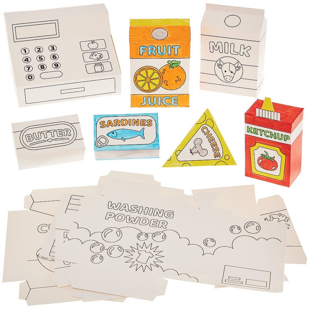 Role Play Shop Colour-in Groceries (Pack of 11) Assorted 3D Supermarket-Themed Designs, 4.5cm-13.5cm High