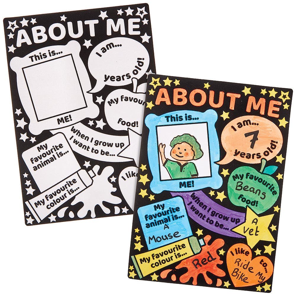 All About Me Fuzzy Art Posters (Pack of 10) Card Sheets 29.5cm x 21cm, Black Velvet Outline, Answer & Colour-In