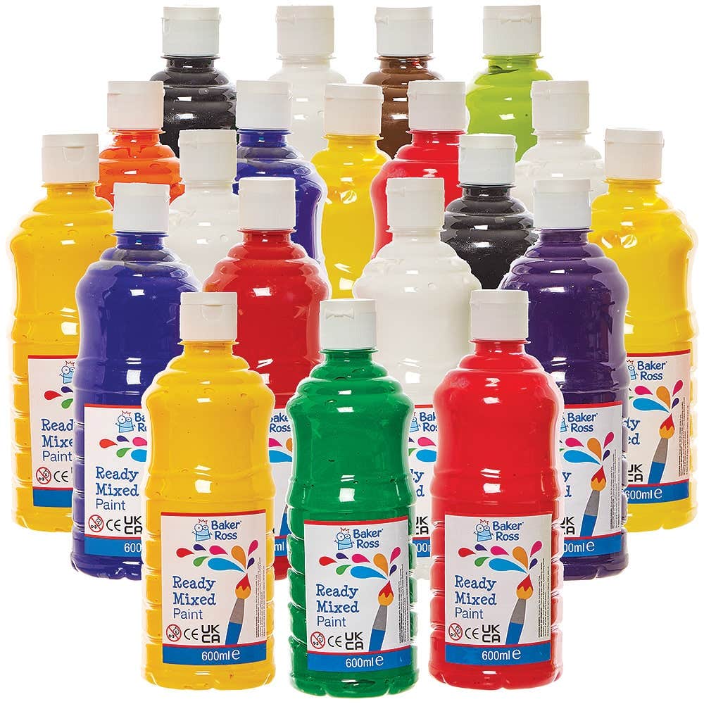 Ready Mixed Poster Paints Classpack 600ml (Box of 20) 12 assorted colours - Red, Blue, Green, Light Green, Yellow, Bright Yellow, Brown, Purple, Crimson Red, Orange, Black & White