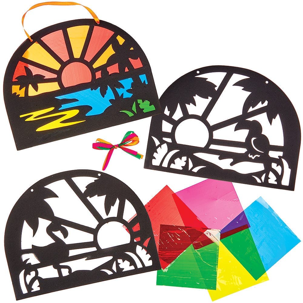 Tropical Stained Glass Decoration Kits (Pack of 6) 6 assorted cellophane colours - Pink, Green, Yellow, Orange, Red & Blue