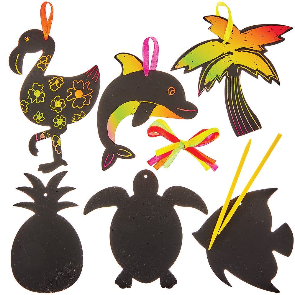 Tropical Scratch Art Decoration Kits (Pack of 15) Scratch Tools & Ribbon For Hanging Included, 15 Assorted Shapes