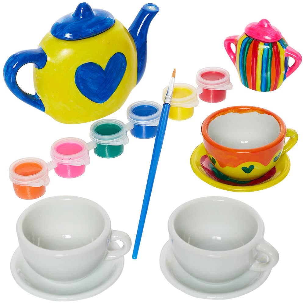Paint Your Own Mini Porcelain Tea Set (Each set) 6 paint colours - Red, Yellow, Blue, Green, Pink & Orange