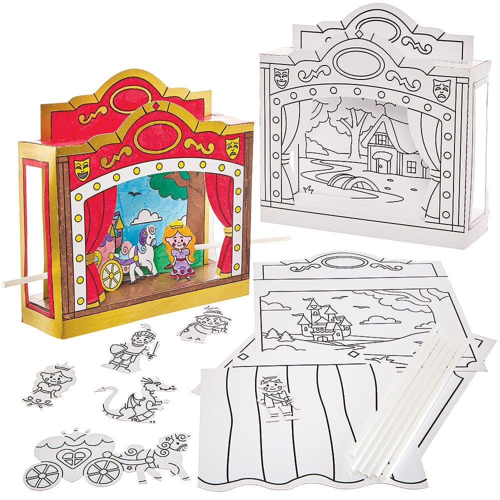 Colour-in Theatre Stage Kit (Each) Colour, Assemble & Play, Crafts For Kids, 2 Backgrounds & 8 Characters Included