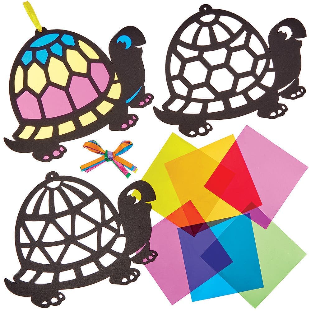 Tortoise Stained Glass Decoration Kits (Pack of 6) 3 Turtle Designs, 6 Cellophane Colours, 22cm x 16cm