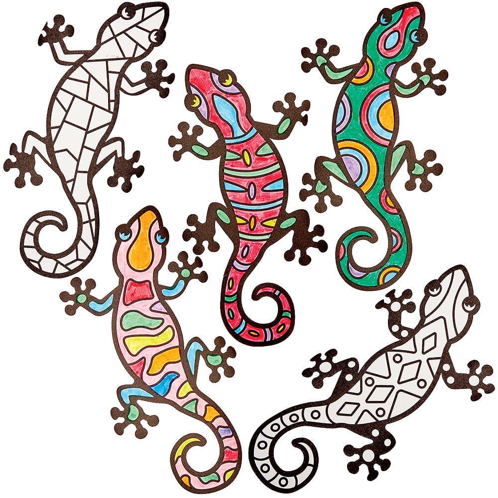 Gecko Lizard Colour-in Window Decorations (Pack of 15) 5 Assorted Gecko Designs, Vellum Paper, 22cm Long