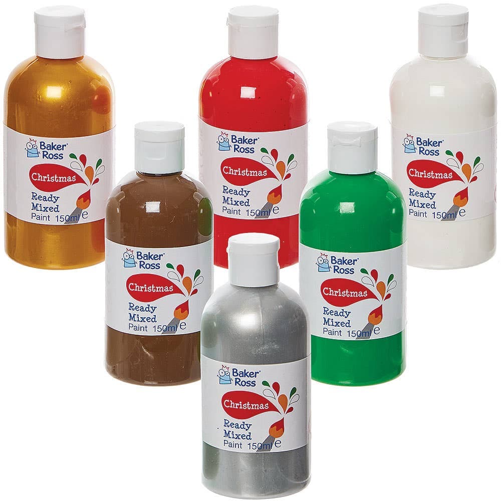 Christmas Ready Mix Poster Paint Pack 150ml (Box of 6) 6 assorted colours - Red, Green, White, Brown, Gold & Silver
