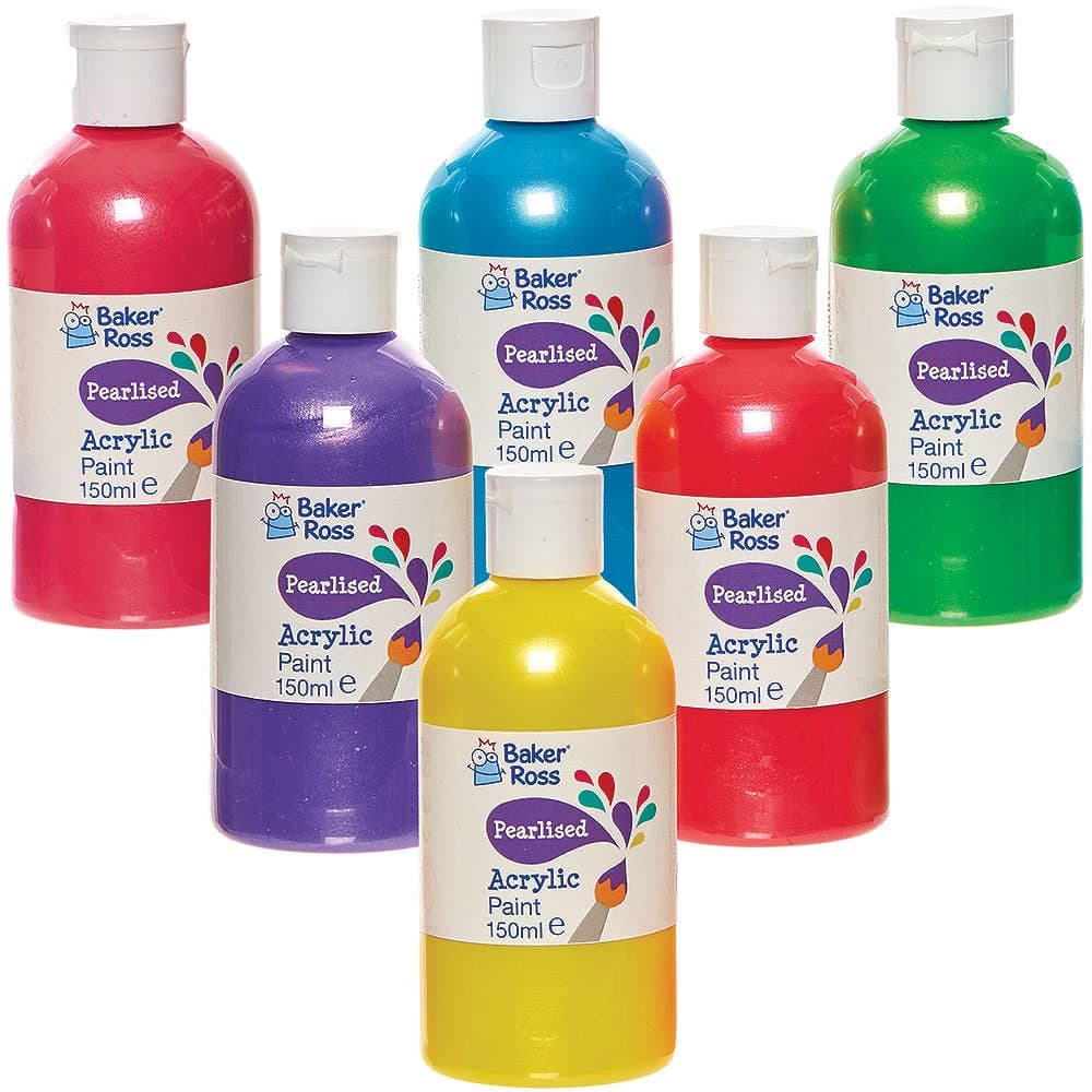 Pearlised Acrylic Paint Pack (Box of 6) 150ml Per Bottle, Quick Drying, Bright Metallic Finish, 6 Assorted Colours