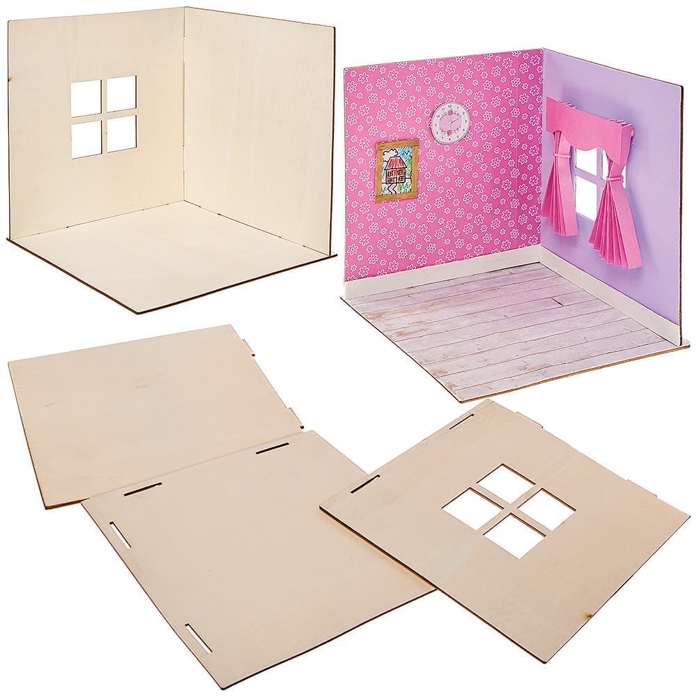 DIY Doll House Room Woodcraft Kit (Each) Size 22cm x 22cm, Self-Assemble & Decorate, Imaginative Play