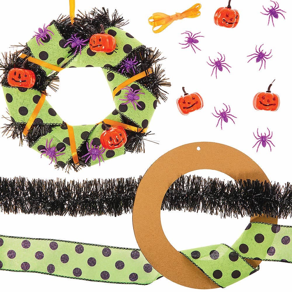Halloween Wreath Making Kit (Each) All-In-One Crafts, Wreath size 20cm, Ribbon Colours - Orange & Green, Kids Boo Basket Fillers