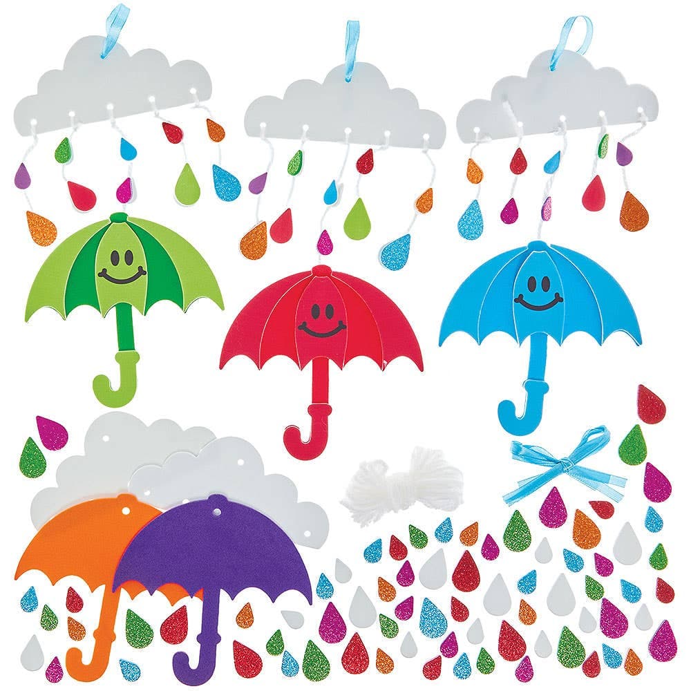 Raindrops Umbrella Mix & Match Decoration Kits (Pack of 5) 5 assorted umbrella colours - Red, Yellow, Purple, Blue & Green