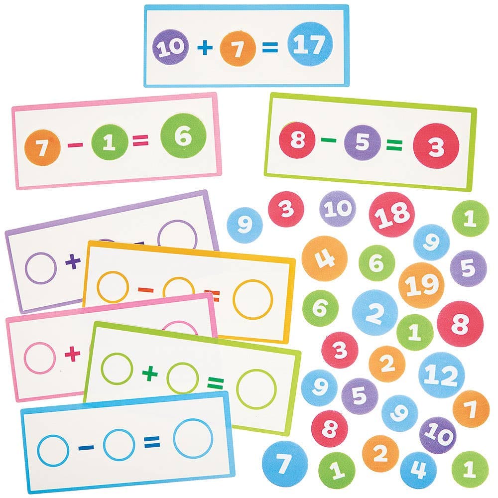 Addition & Subtraction Cards and Counters Pack (Per pack) 5 assorted card base colours - Purple, Green, Pink, Blue & Orange