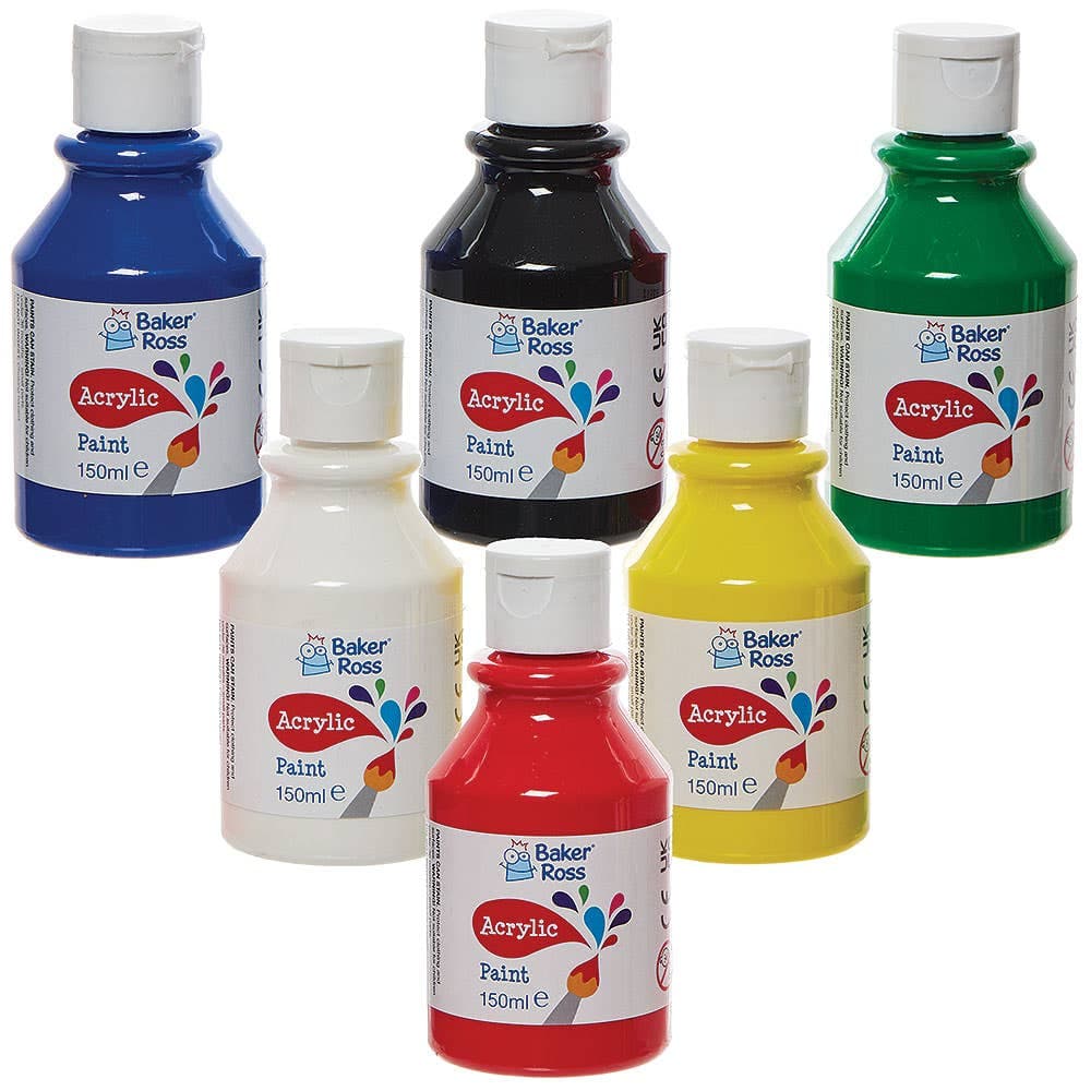 Primary Colours Acrylic Paints Pack 150ml (Pack of 6) 6 colours - Red, Green, Yellow, Blue, Black & White