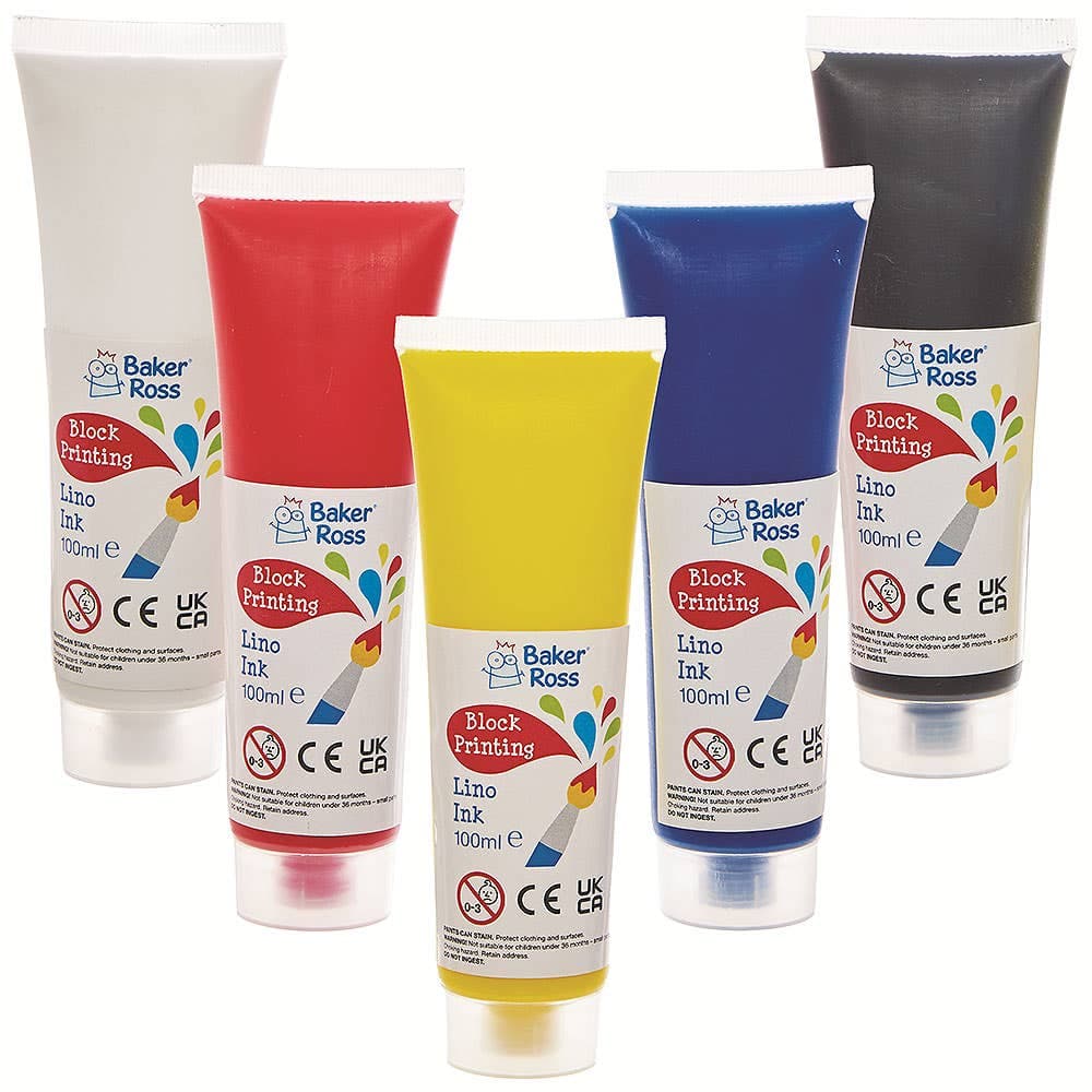 Lino Block Printing Ink Set 100ml (Pack of 5) 5 colours - Red, Yellow, Blue, Black & White
