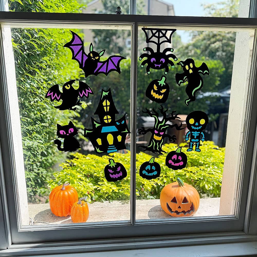 Halloween Scene Window Decorations (Pack of 30) 6 assorted tissue paper colours - Orange, Yellow, Purple, Pink, Green & Blue