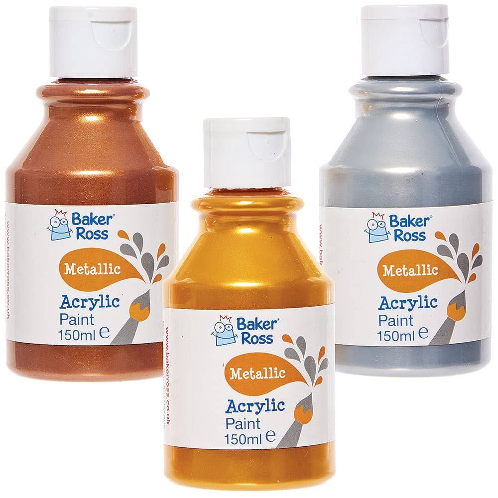 Metallic Acrylic Paint Pack 150ml (Pack of 6) 3 assorted colours - Gold, Silver & Copper