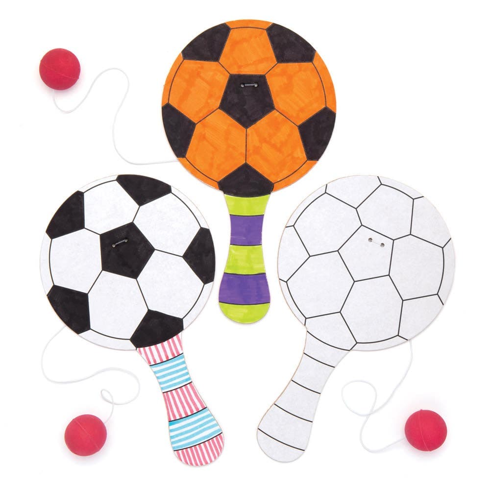 Football Colour-in Paddle Balls (Pack of 5) Wooden Pocket Money Toys, Size 19cm, Elastic & Balls Attached