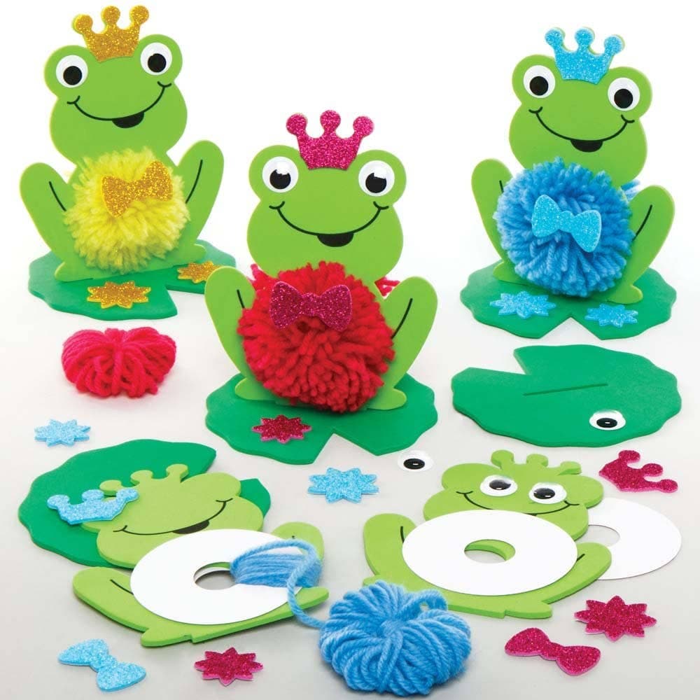 Frog Pom Pom Kits (Pack of 3) Art Craft Kits 3 assorted wool colours - Pink, Yellow & Blue