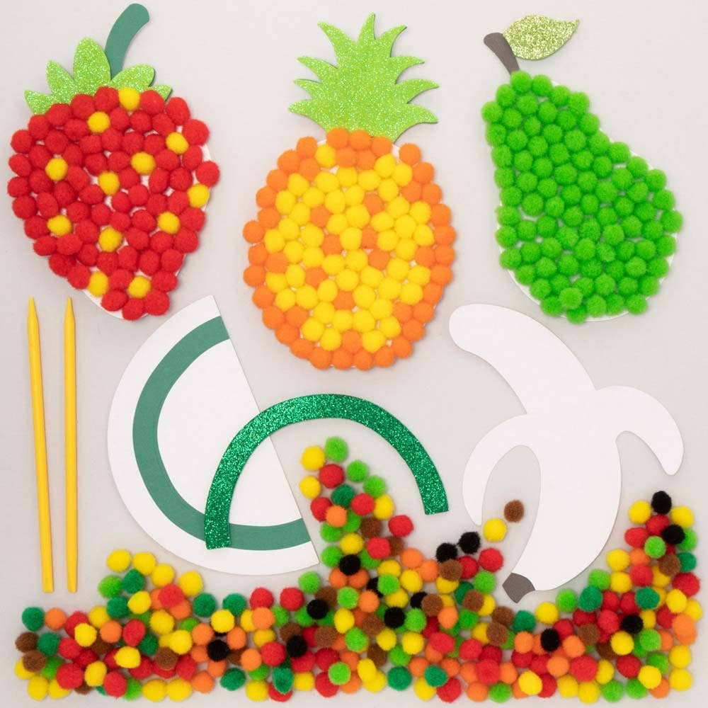 Fruit Pom Pom Art Kits (Pack of 5) Art Craft Kits 7 pom pom colours - Red, Yellow, Orange, Green, Dark Green, Brown & Black