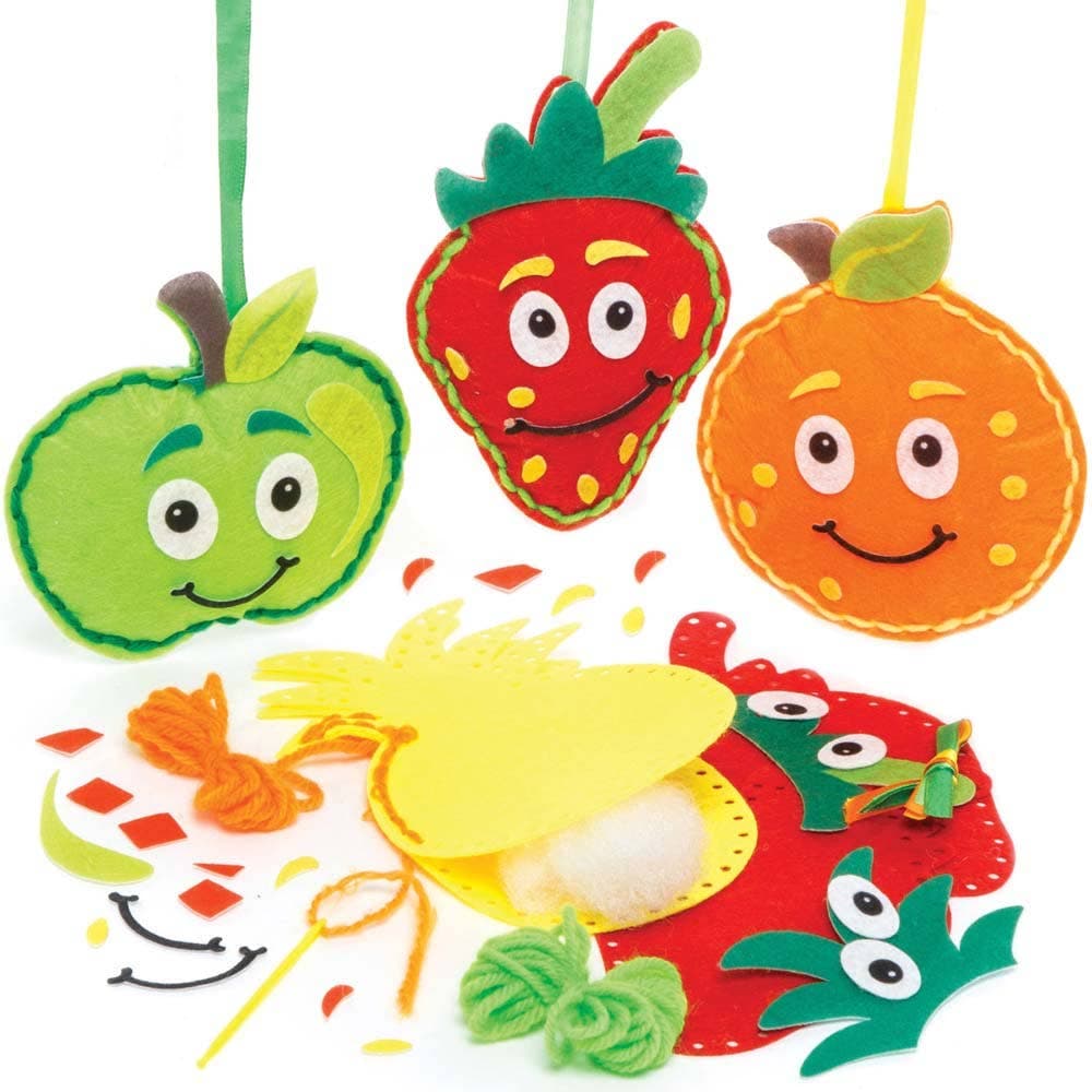 Fruit Sewing Kits (Pack of 4) 4 Assorted Designs & Colours, Beginners Felt Sewing Craft Kits