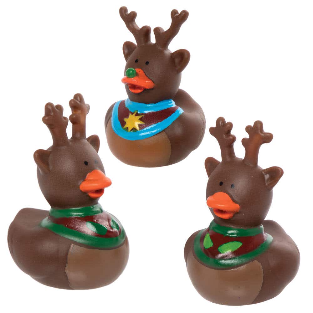 Funky Reindeer Rubber Ducks (Pack of 6) Christmas Toys, Stocking Fillers, 2 Assorted Designs