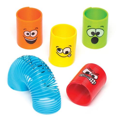 Funny Faces Mini Springs (Pack of 12) Pocket Money Toys 6 assorted colours - Yellow, Red, Green, Blue, Orange & Pink