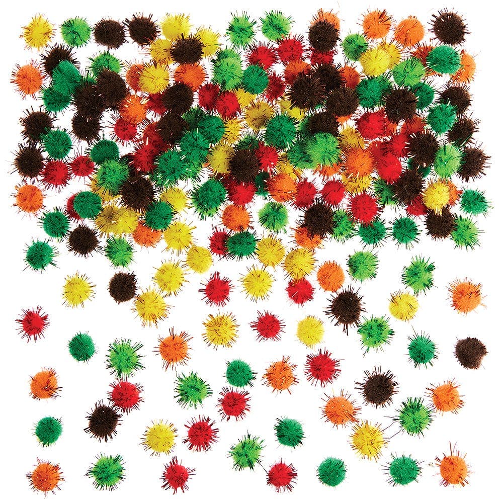 Autumn Self-Adhesive Glitter Pom Poms (Pack of 200) Craft Embellishments 6 assorted colours - Orange, Brown, Yellow, Green, Red & Dark Green