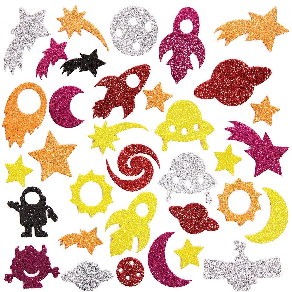Solar System Glitter Foam Stickers (Pack of 150) Stickers 6 assorted glitter colours - Yellow, Red, Pink, Orange, Black & Silver