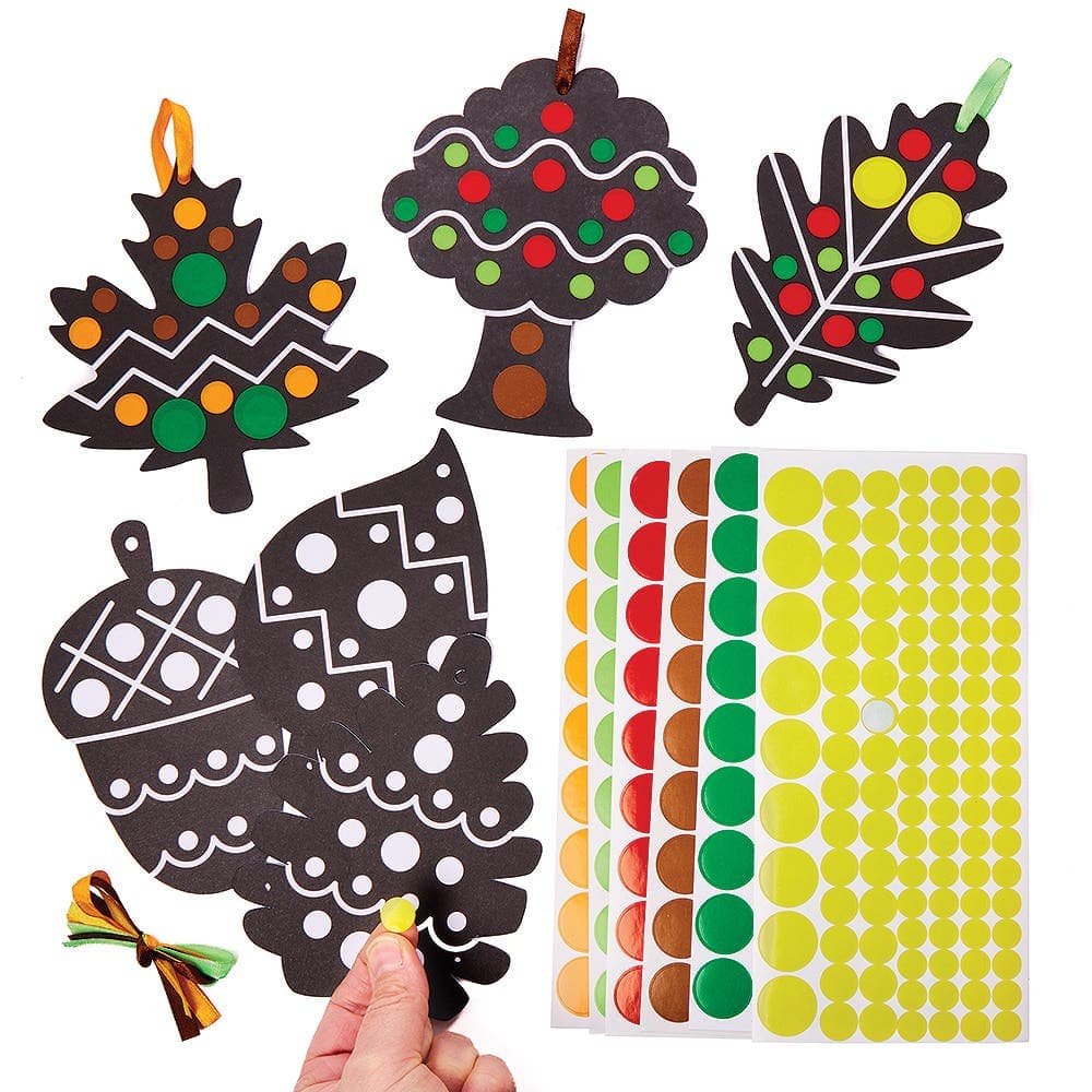 Autumn Dotty Art Decorations (Pack of 12) Decoration Craft Kits 6 assorted sticker colours - Red, Dark Green, Orange, Light Green, Brown & Yellow