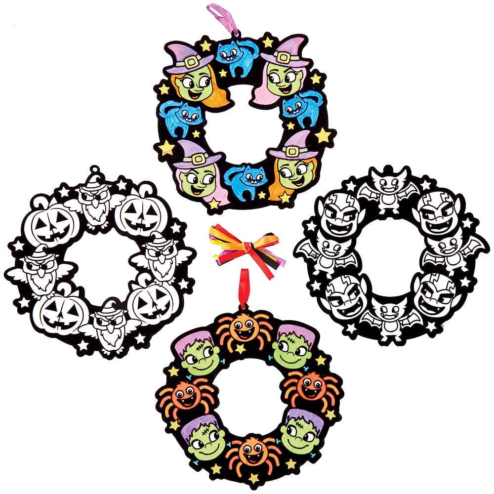 Halloween Colour-in Fuzzy Art Wreaths (Pack of 10) Halloween Crafts