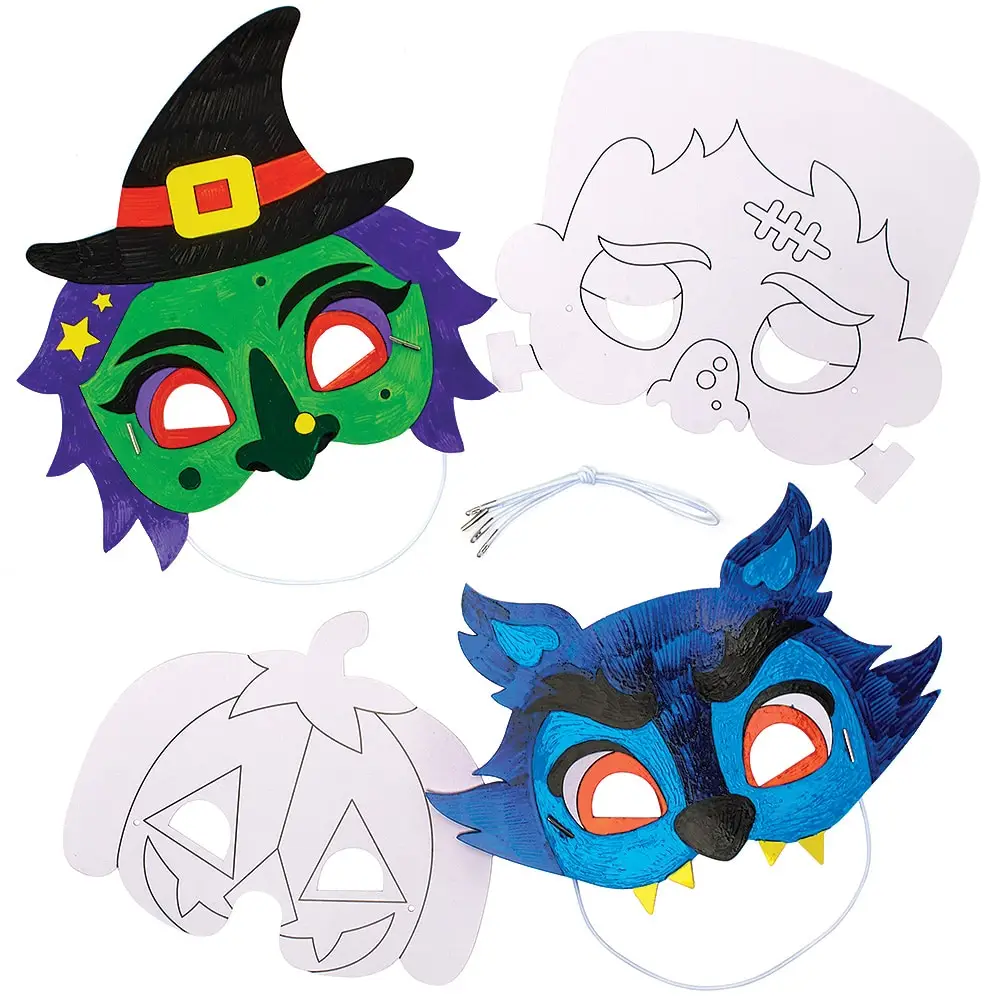 Halloween Colour-in Masks (Pack of 8) Halloween Crafts For Kids, 8 Assorted Designs, Elastic Cord Included