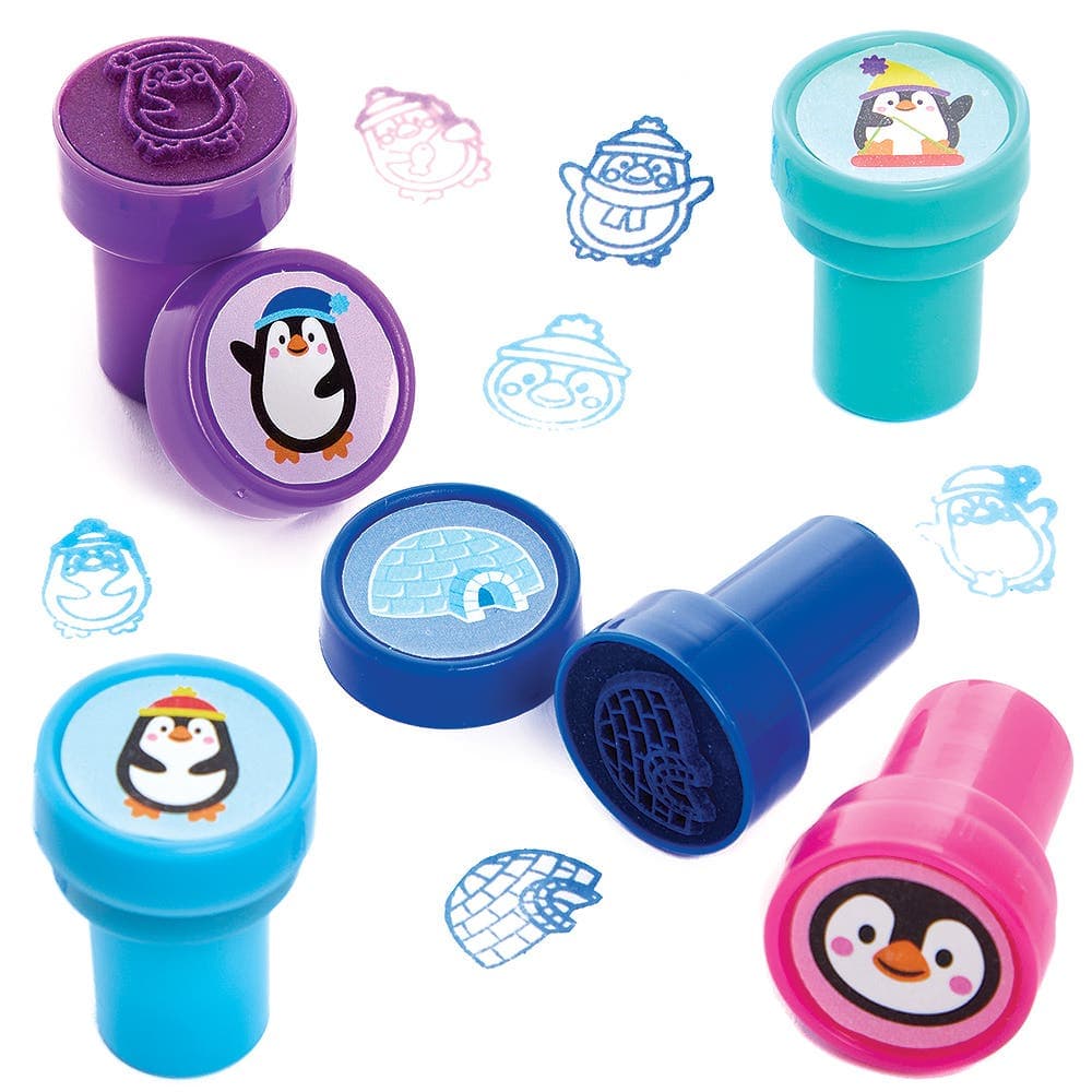 Penguin Self-Inking Stampers (Pack of 10) Small Toys 5 assorted ink colours - Light Blue, Dark Blue, Pink, Purple & Teal