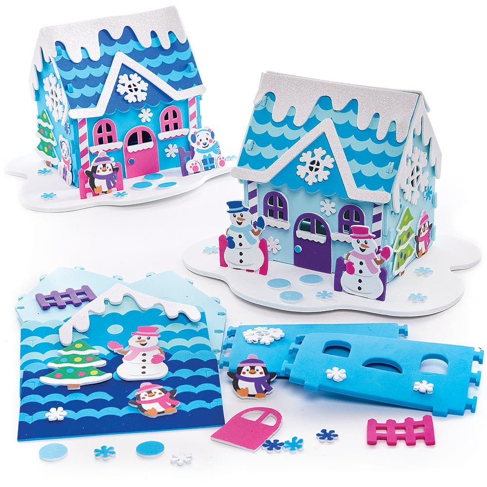 Snowman House Kits (Pack of 2) Foam Christmas Crafts, 2 Designs, Stickers Included, 2 Designs