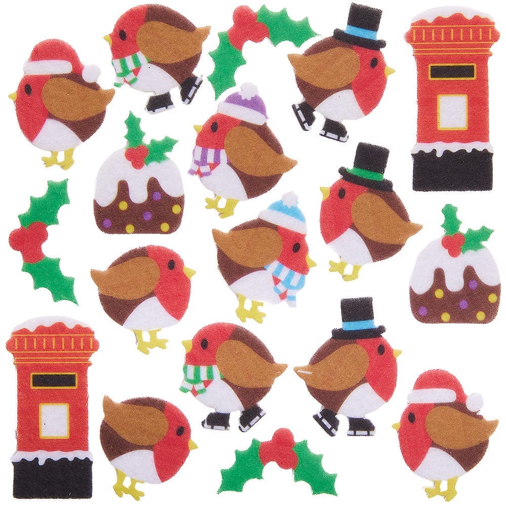Christmas Robin Felt Stickers (Pack of 100) 10 Assorted Designs, Self-Adhesive Felt, 35mm-60mm Size