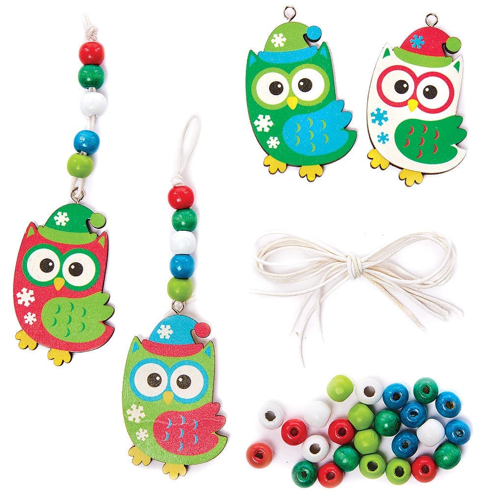 Christmas Owl Bead Decoration Kits (Pack of 4) Christmas Crafts 5 assorted bead colours - Dark Green, Red, White, Blue & Light Green