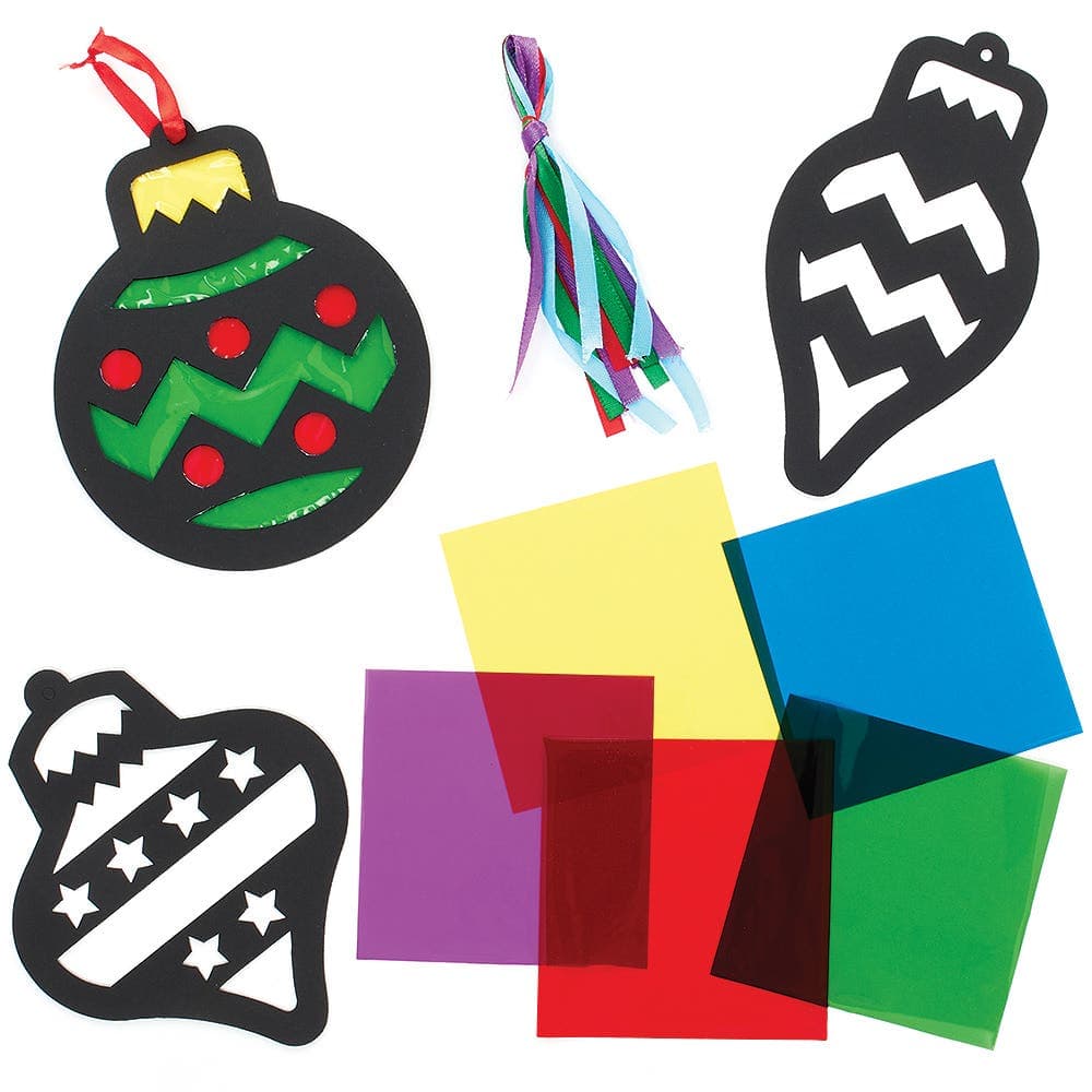 Christmas Bauble Stained Glass Decoration Kits (Pack of 8) Christmas Crafts 6 assorted cellophane colours - Green, Blue, Red, Yellow, Orange & Purple