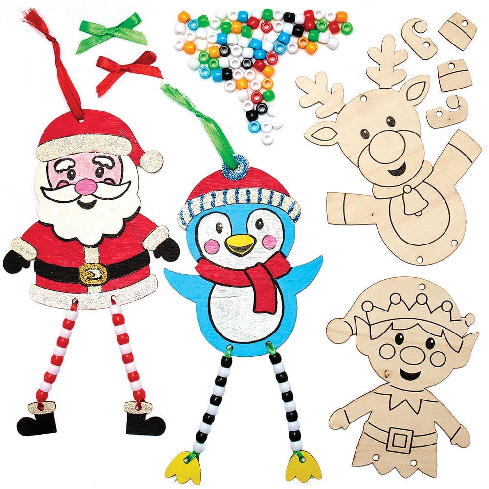 Christmas Dangly Leg Wooden Decoration Kits (Pack of 5) Christmas Crafts 6 assorted bead colours - Red, Brown, Yellow, Blue, Purple & Green
