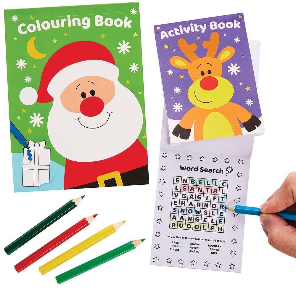 Christmas Chums Activity Packs (Per 4 packs) Christmas Toys 5 pencil colours - Red, Dark Green, Light Green, Blue & Yellow