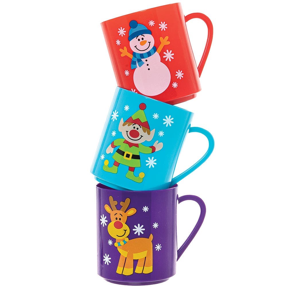 Christmas Chums Mugs (Pack of 4) Christmas Stocking Fillers, 4 Colours & Designs, Plastic Mugs For Kids