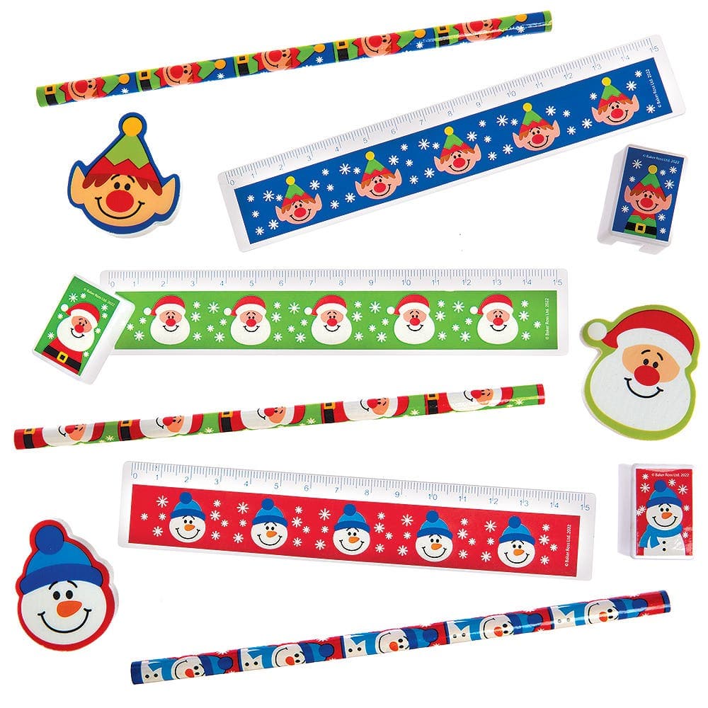 Christmas Chums Stationery Sets (Pack of 4) Christmas Toys 4 assorted colours - Red, Green, Blue & Purple
