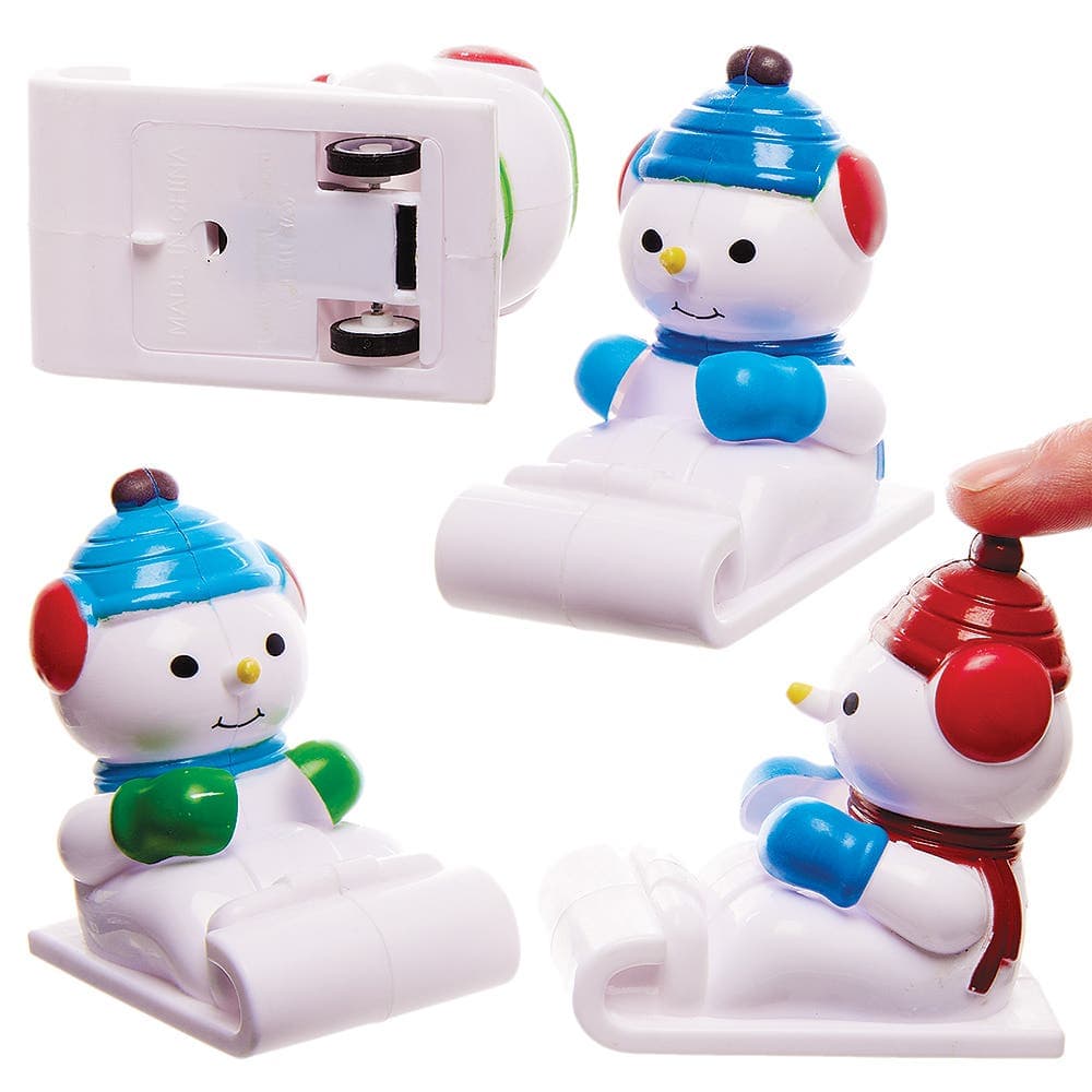Snowman Sleigh Pull Back Racers (Pack of 4) Christmas Toys 4 assorted colourways - Green/Red, Dark Blue/Light Blue, Red/Dark Blue & Red/Light Green