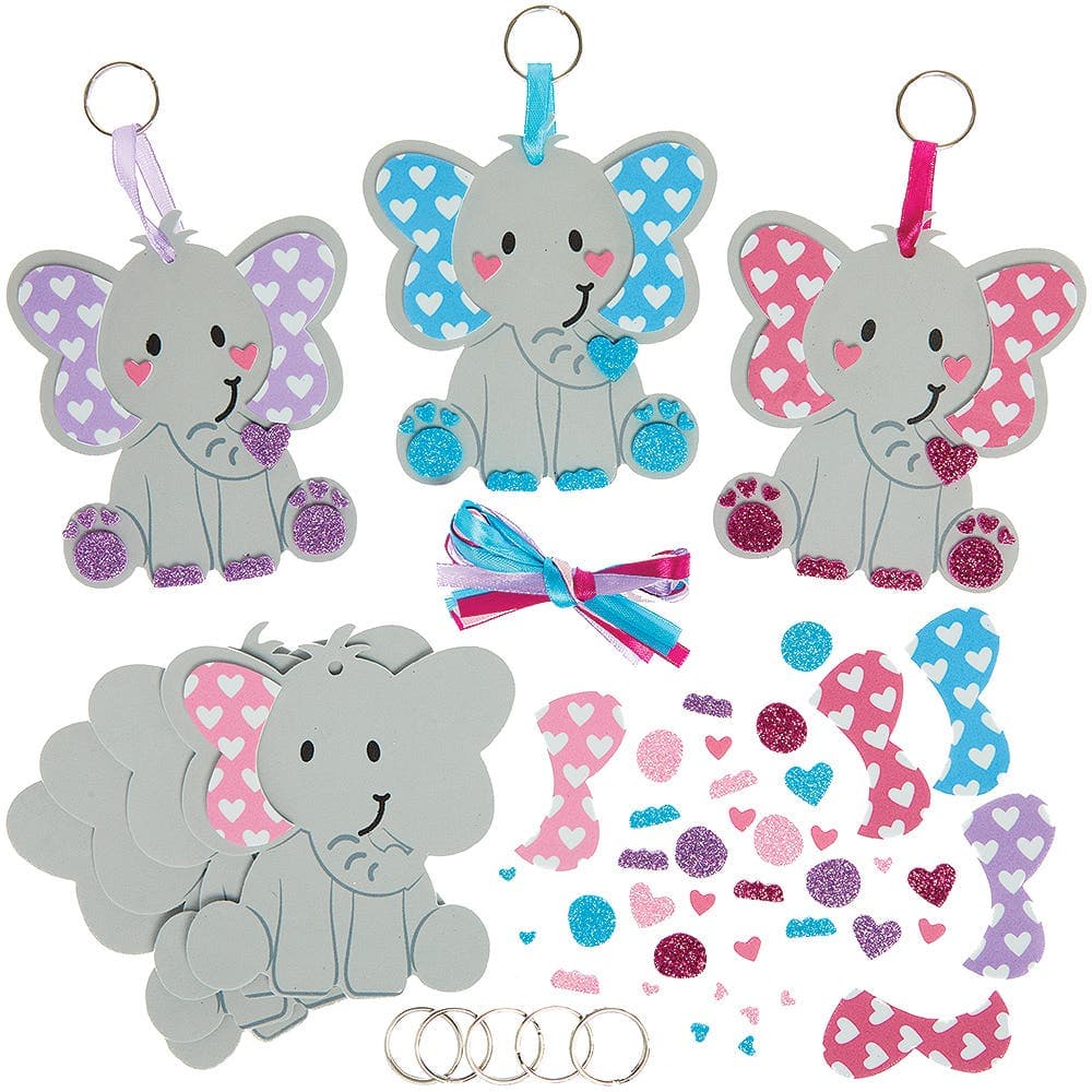 Elephant Heart Keyring & Bag Dangler Kits (Pack of 8) Craft Kits For Kids