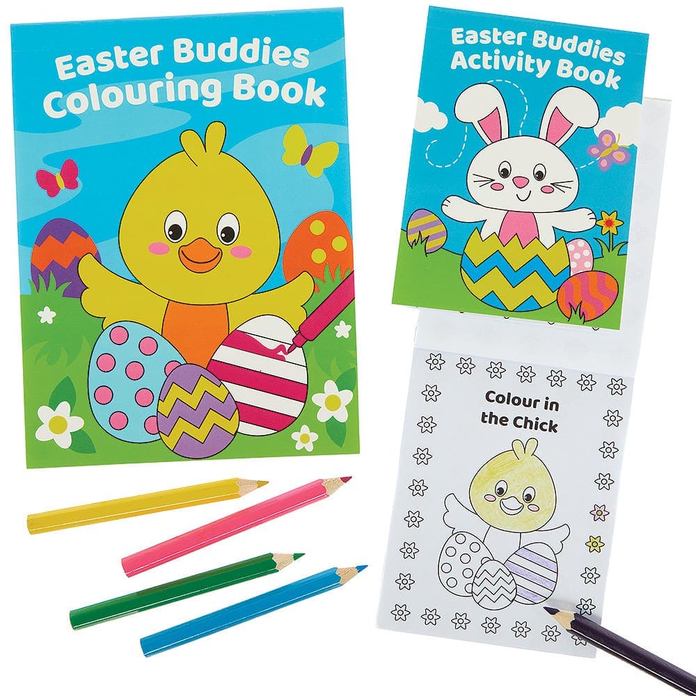 Easter Characters Activity Packs (Per 4 packs) Easter Toys 5 pencil colours - Pink, Green, Purple, Blue & Yellow