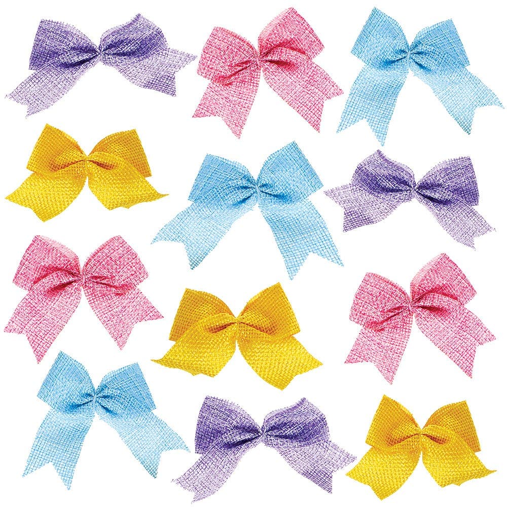 Pastel Burlap Hessian Bows (Pack of 24) Craft Embellishments 4 assorted pastel colours - Blue, Pink, Yellow & Lilac