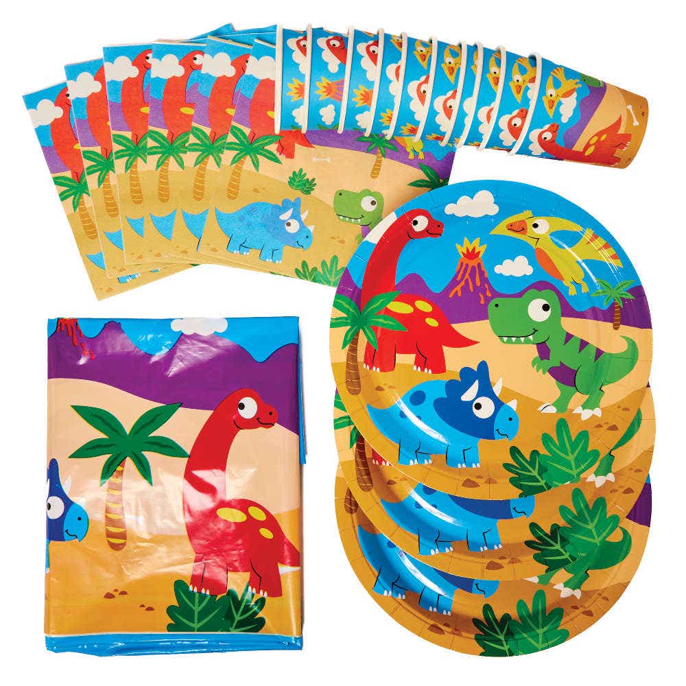 Dinosaur Themed Tableware Party Set (Per set) 1x Table Cover, 10x Paper Cups, 10x Paper Plates, 20 x Napkins