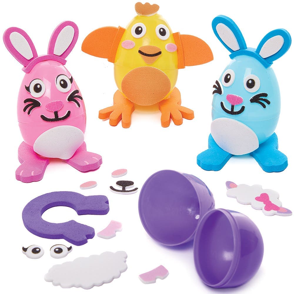 Easter Egg Kits (Pack of 8) Easter Crafts For Kids, Gifts For Children, Plastic & Foam, 4 Assorted Designs, Fillable Decorative Eggs
