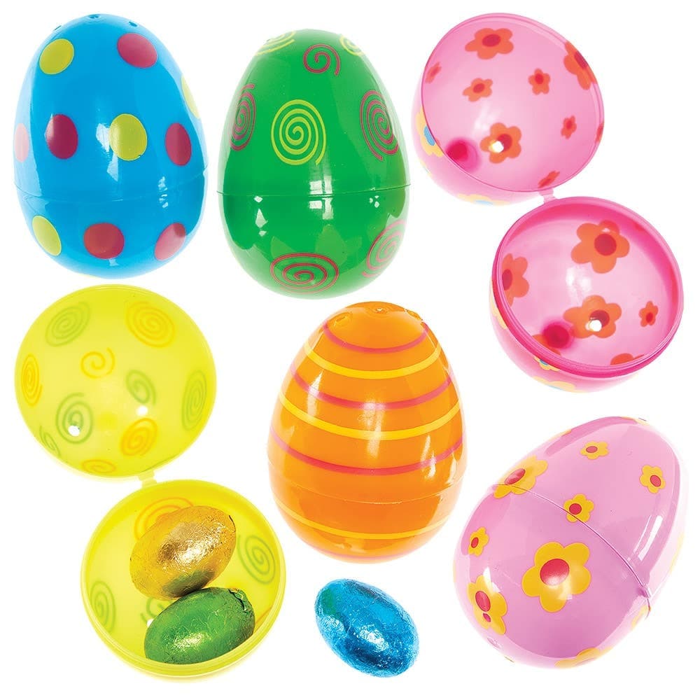 Funky Easter Plastic Eggs (Pack of 12) Easter Toys, Egg Hunt Gifts For Children, 6 Assorted Designs
