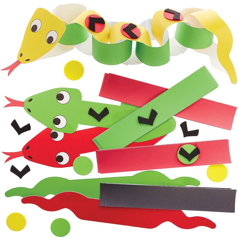 Snake Mix & Match Paper Chain Kits (Pack of 6) Party Decorations 3 assorted snake colours - Red, Green & Yellow
