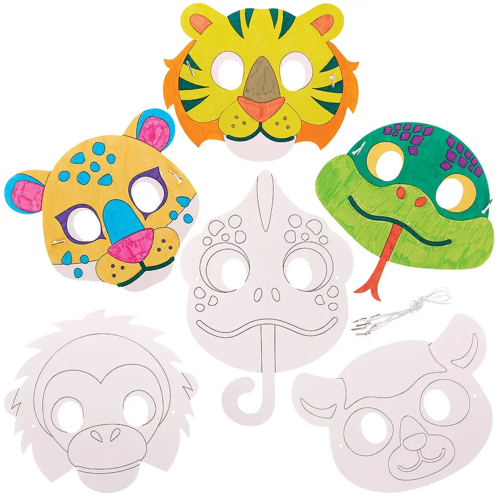 Rainforest Animal Card Colour-in Masks (Pack of 10) Decoration Craft Kits, 10 Designs - Tiger, Gorilla, Snake & More
